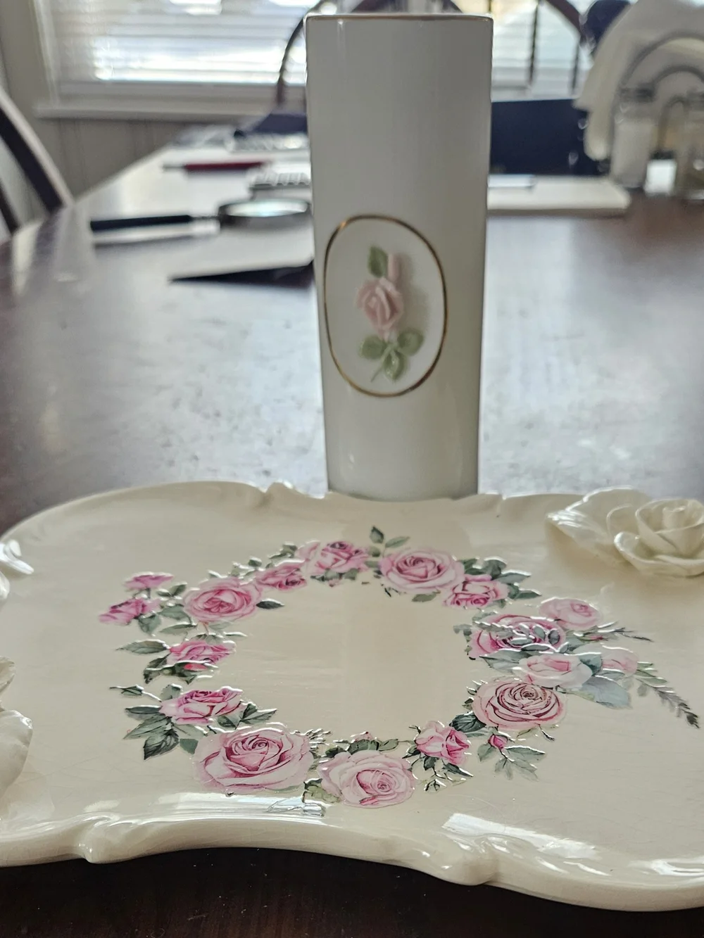 Japanese Porcelain Pink Rose Accent Vase with Gold Oval Trim